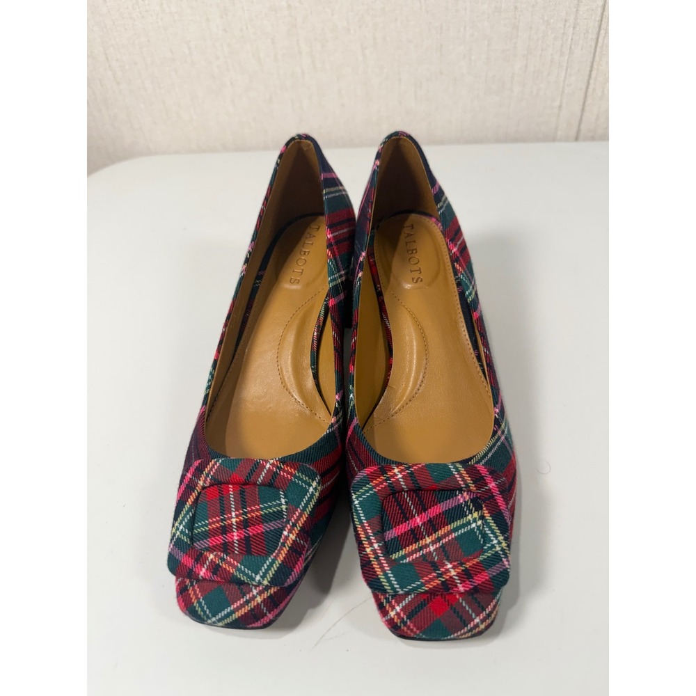 Talbots Womens Plaid Block Heel Pumps Square Toe Red Green Multi 6.5M Holiday